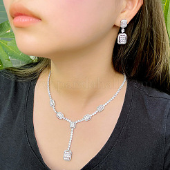 Rectangle Brass Micro Pave Clear Cubic Zirconia Pendant Necklaces & Stud Dangle Earrings Sets&nbsp;FS-WG06681-01