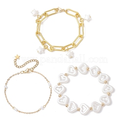 3Pcs 3 Styles Iron Star Charm Bracelet & Heart ABS Plastic Imitaion Pearl Beads Stretch Bracelet &  Round ABS Plastic Imitation Pearl Beads Link Bracelet Set for Women&nbsp;NJEW-JB12195
