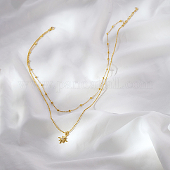 Stainless Steel Pave Clear Cubic Zirconia Star Pendant Double Layer Necklaces for Women's Daily Wear, Real 18K Gold Plated, 16.54 inch(42cm)