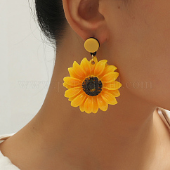Exaggerated Sunflower Acrylic Dangle Stud Earrings, Yellow, 60x45mm