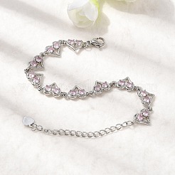 Heart Brass Micro Pave Cubic Zirconia Link Chain Bracelets&nbsp;BJEW-L715-01P-02