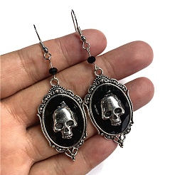 Alloy Oval with Skull Dangle Earrings&nbsp;SKUL-PW0001-112