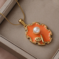 304 Stainless Steel Enamel Oval with Flower Pendant Necklaces with Imitation Pearl&nbsp;UX2387