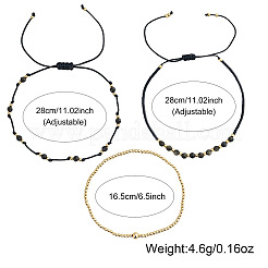 3Pcs 3 Styles Natural Golden Sheen Obsidian & Brass Round Beads Adjustable Bracelets & Brass Round Beads Stretch Braclets for Women&nbsp;TQ6408-3