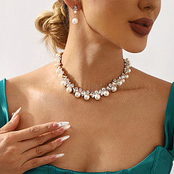 Rhombus Alloy & Plastic Pearl & Crystal Rhinestone Pendant Necklace & Stud Dangle Earring&nbsp;FS-WGAC24E-02