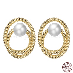 925 Sterling Silver Ring Stud Earrings with Pearl Beaded&nbsp;EJEW-P231-27G