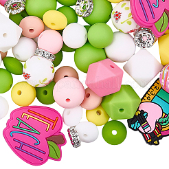 95Pcs 21 Styles Printed Round Silicone Focal Beadsm with 10Pcs Brass Rhinestone Spacer Beads&nbsp;SIL-BM0001-12