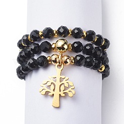 15Pcs 5 Set Natural Black Onyx & Synthetic Hematite Beaded Stretch Rings Set&nbsp;RJEW-JR00521