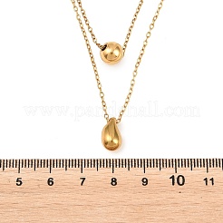 304 Stainless Steel Round Teardrop Pendant Cable Chain Double Layer Necklaces for Women&nbsp;NJEW-B083-03G