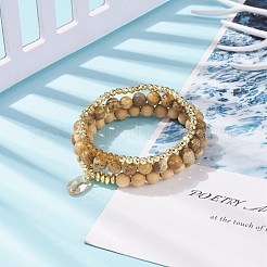 3Pcs 3 Style Natural & Synthetic Mixed Stone & Wood & Brass Stretch Bracelets Set with Glass Teardrop for Women&nbsp;BJEW-JB08355