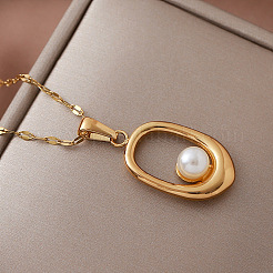 Vintage 304 Stainless Steel and Imitation Pearl Oval Pendant Necklaces for Women&nbsp;FB5128