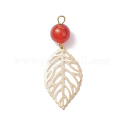 5Pcs 5 Styles Natural Malaysia Jade & Carnelian & Rose Quartz & Quartz Round with Brass Leaf Pendants&nbsp;PALLOY-JF04312