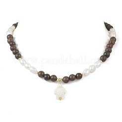 Ocean Dyed Synthetic Turquoise Trutle Pendant 8MM Natural Cultured Freshwater Pearl & Wenge Wood Round Beaded Necklaces for Women&nbsp;NJEW-JN05938