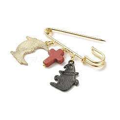 Halloween Ghost & Skull Moon Alloy Enamel Charm Safety Pin with Synthetic Turquoise Cross&nbsp;JEWB-BR00069-03