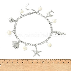 Ocean Natural Pearl & 304 Stainless Steel Starfish Sea Horse Shell Shape Charm Anklets for Women&nbsp;AJEW-AN00826-02
