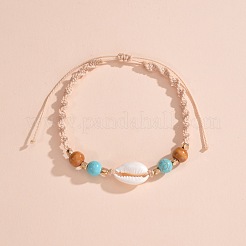 Adjustable Natural Cowrie Shell & Round Wood & Synthetic Turquoise Beaded Cotton Cord Braided Anklets for Women&nbsp;FS-WG3A61A-01