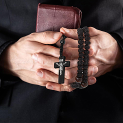 Cross Polyester Woven Wood Beads Pray Pendant Necklaces & Stretch Bracelets Sets&nbsp;SJEW-DC0001-01