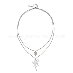 Stainless Steel Fairy and Heart Pendant 304 Stainless Steel Cable Chain Double Layer Necklaces for Women&nbsp;NJEW-JN05810-02