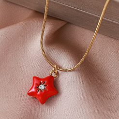 Valentine's Day 304 Stainless Steel Enamel Red Heart Pendant Necklaces with Glass for Women&nbsp;IF7450