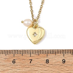 Brass Micro Pave Clear Cubic Zirconia Heart Pendant 304 Stainless Steel Cable Chain Necklaces with Natural Pearl Beads for Women&nbsp;NJEW-JN06613