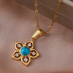 Vintage 304 Stainless Steel & Synthetic Turquoise Flower Pendant Necklaces with Crystal Rhinestone for Women&nbsp;RQ4537
