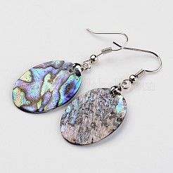 Oval Platinum Tone Brass Natural Paua Shell Dangle Earrings&nbsp;EJEW-M060-03-01