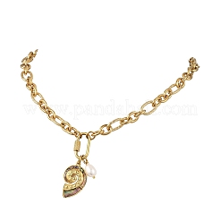 Ocean Natural Paua Shell 304 Stainless Steel Sea Animals & Rice Natural Pearl Pendant Figaro Chain Necklaces&nbsp;NJEW-JN06304