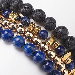4Pcs 4 Style Natural Lava Rock & Lapis Lazuli(Dyed) & Synthetic Hematite Stretch Bracelets Set with Alloy Shell Beaded&nbsp;BJEW-JB08738