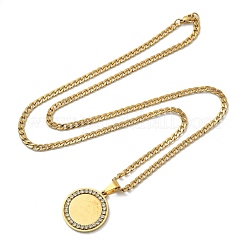 201 Stainless Steel Crystal Rhinestone Muslim Islamic Religion Flat Round Pendant Necklaces&nbsp;NJEW-P327-05G