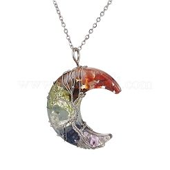 3Pcs 3 Styles Chakra Moon Natural Rose Quartz & Green Aventurine & Mixe Stone Copper Wire Wrapped Tree Pendant Necklaces&nbsp;NJEW-JN05031