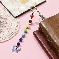 Butterfly Alloy Enamel Pendant Bookmark with Chakra Gemstone Bead&nbsp;AJEW-JK00253-03