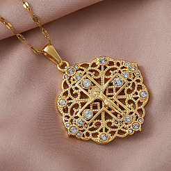 Vintage 304 Stainless Steel Crystal Rhinestone Hollow Flower with Jesus Cross Pendant Necklaces for Women&nbsp;LH2186