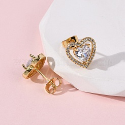 Brass Micro Pave Clear Cubic Zirconia Heart Stud Earrings&nbsp;EJEW-K267-20G