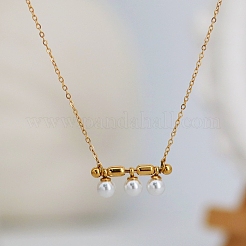Three Round Glass Pearl Horizontal Bar Pendant 304 Stainless Steel Cable Chain Necklaces for Women&nbsp;WG28E74-01