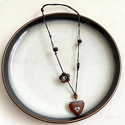 Adjustable Wood Heart Pendant Black Waxed Cord Long Necklaces with Resin Flower for Women&nbsp;WG3A463-01