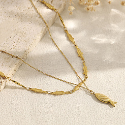 Summer Beach 304 Stainless Steel Fish Pendant Double Layer Necklaces for Women&nbsp;WG2FA6C-01