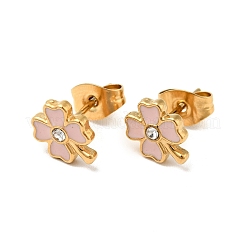 Ion Plating(IP) Enamel Clover with Crystal Rhinestone Stud Earrings with 316 Surgical Stainless Steel Pins&nbsp;EJEW-A081-12G