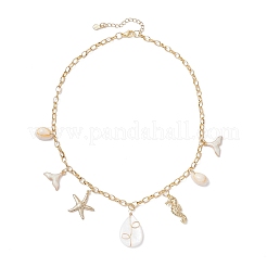 Alloy Enamel Whale Tail Starfish & Natural Shell Teardrop Pendant 304 Stainless Steel Cable Chain Necklaces for Women&nbsp;NJEW-JN05407-01