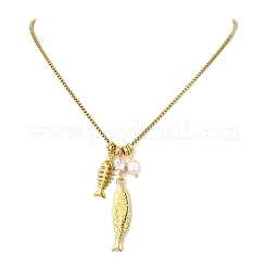 Rice Natural Pearl 304 Stainless Steel Fish Pendant Box Chain Necklaces for Women&nbsp;NJEW-JN06124