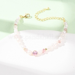 Natural Strawberry Quartz Chip and Rice Natural Pearl Beaded Bracelets&nbsp;GG-CBA3297-13G-C