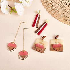 3 Pairs 3 Style Heart & Trapezoid & Square Resin & Walnut Wood Dangle Stud Earring&nbsp;EJEW-SW00014-01