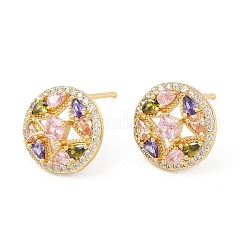 Brass Micro Pave Cubic Zirconia Flat Round Stud Earrings&nbsp;EJEW-F400-18G
