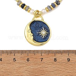 Brass Enamel Moon Sun Pendant Round Natural Lapis Lazuli and Rondelle Blue Spot Jasper Beaded Necklaces for Women&nbsp;NJEW-JN06691