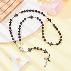 Synthetic Turquoise & Wood Rosary Bead Necklace&nbsp;NJEW-JN04431-04