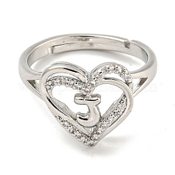 Heart with Letter Rack Plating Brass Micro Pave Clear Cubic Zirconia Adjustable Rings for Women&nbsp;RJEW-I105-01P-J