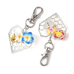 Handmade Polymer Clay 3D Flower & Alloy Heart Honeycomb Pendant Decorations&nbsp;HJEW-JM05011