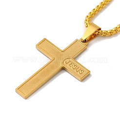 Cross with Word Jesus 201 Stainless Steel Pendant Necklace with Iron Box Chains&nbsp;NJEW-D048-03G