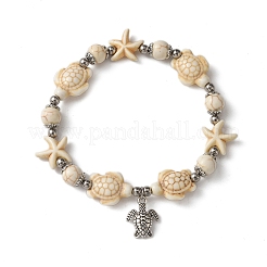 Starfish & Turtle Dyed Synthetic Turquoise Beaded Stretch Bracelets&nbsp;BJEW-JB10925-01