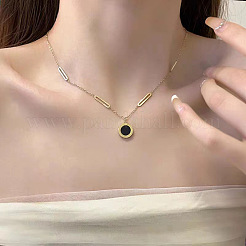 304 Stainless Steel with Black Acrylic Roman Numerals Flat Round Pendant Necklaces&nbsp;FS-WG7B842-02