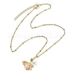 Brass Enamel & Shell Pearl Pink Lotus Flower Pendant 304 Stainless Steel Satellite Chain Necklaces for Women&nbsp;NJEW-JN06112